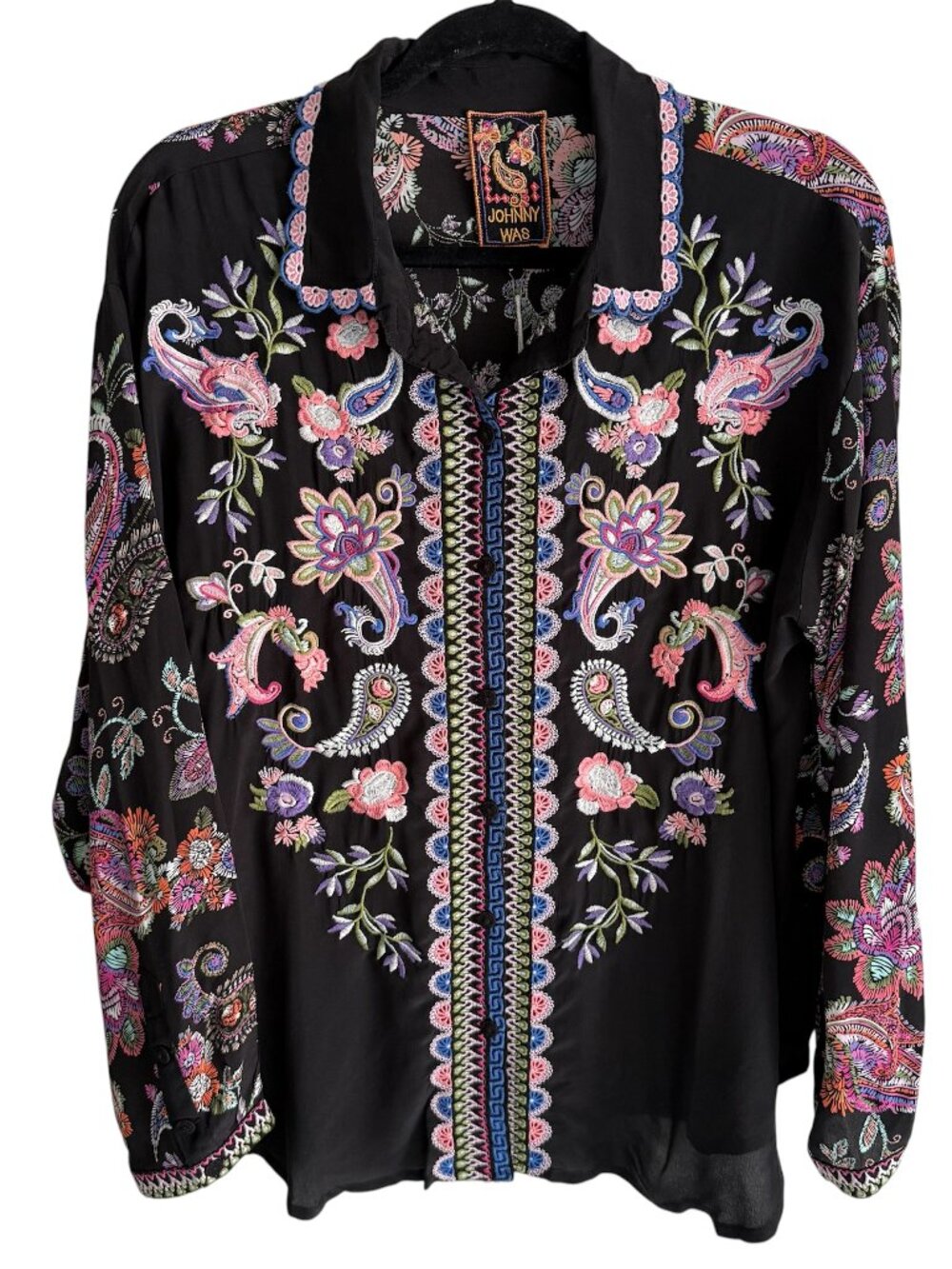 Johnny Was Size XL Mills Shirt Black Kora Print Embroidered Blouse Silk NWT